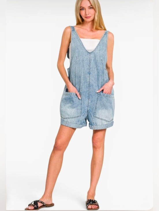 Zenana Outfitters Pants - Zenana Light Wash Denim Romper